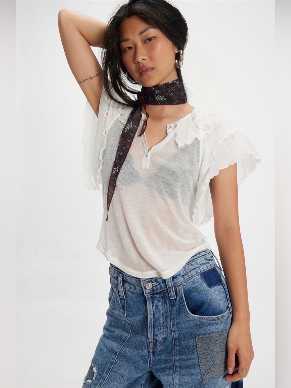 Free People Vivianne Sheer White Ruffle Flutter Sleeve Knit Tee